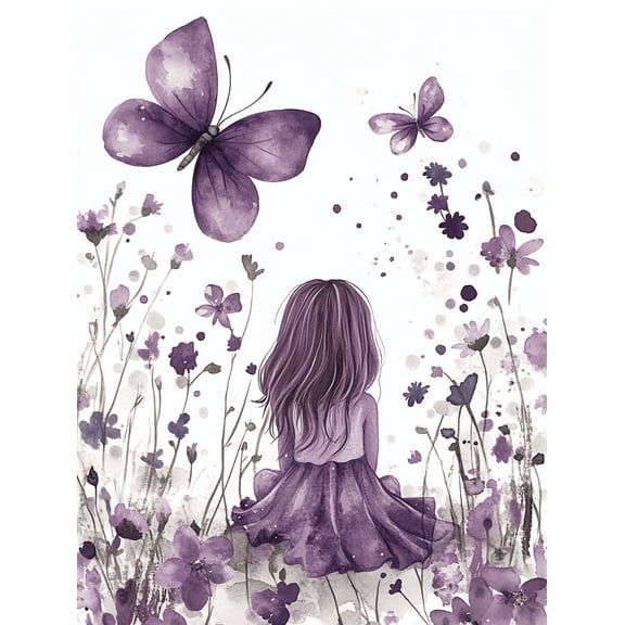 Purple Girl and Butterflies Watercolor Wall Art/Canvas Print Suitable for Living Room Bedroom Nursery Bathroom and Office Decoration.