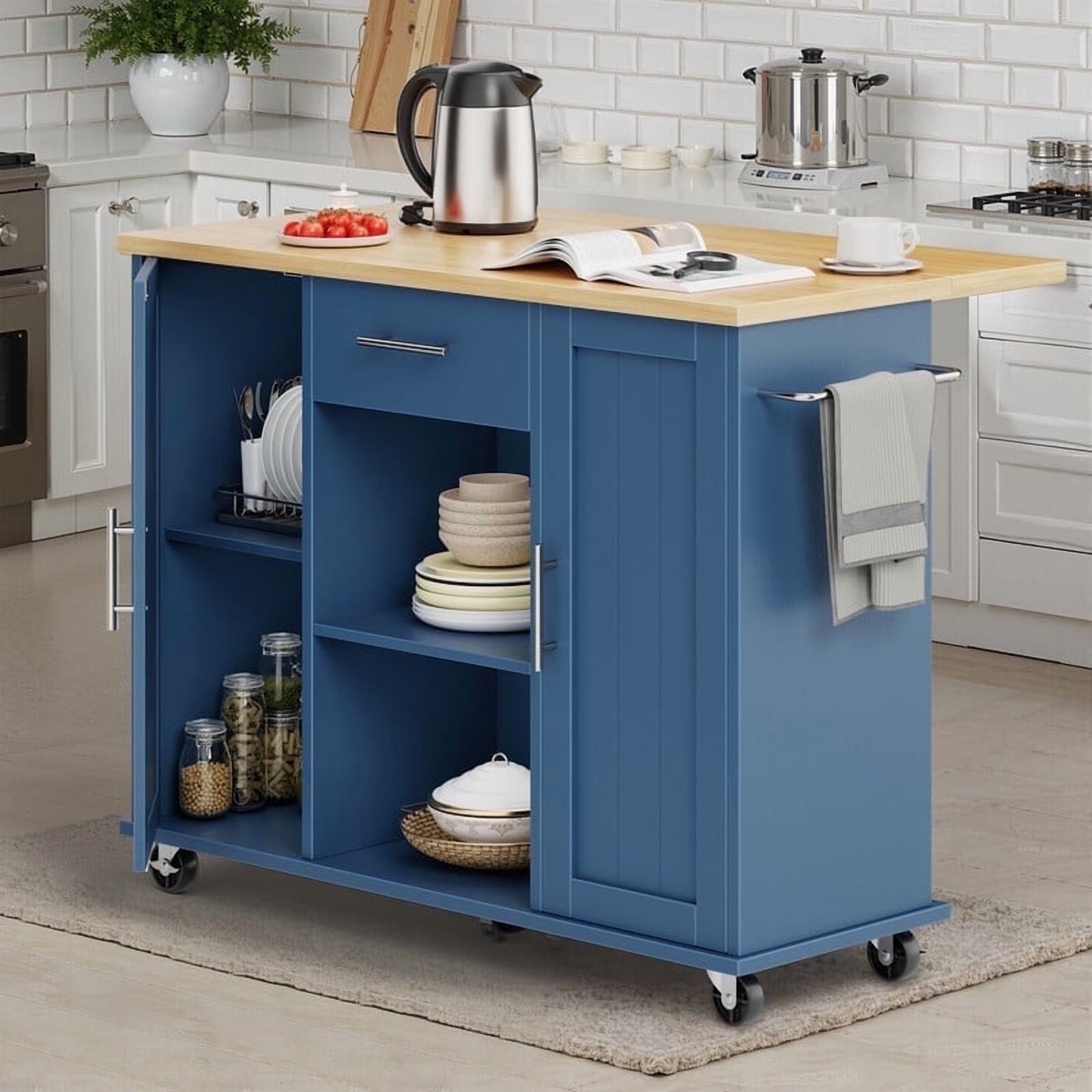 Walsunny Kitchen Islands Carts with Drop Leaf Table 1 Drawer 5 Wheels 2 Magnetic Doors Rolling Storage Cabinet Blue