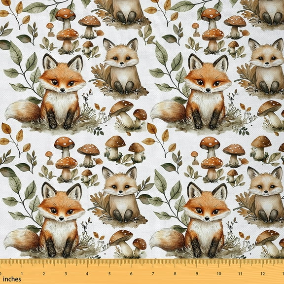 Cute Fox Fabric By The Yard,Woodland Animal Upholstery Fabric,Jungle Wildlife Decorative Fabric,Wild Mushroom Plants Leaves Indoor Fabric,Rustic Farmhouse Waterproof Fabric,2 Yards