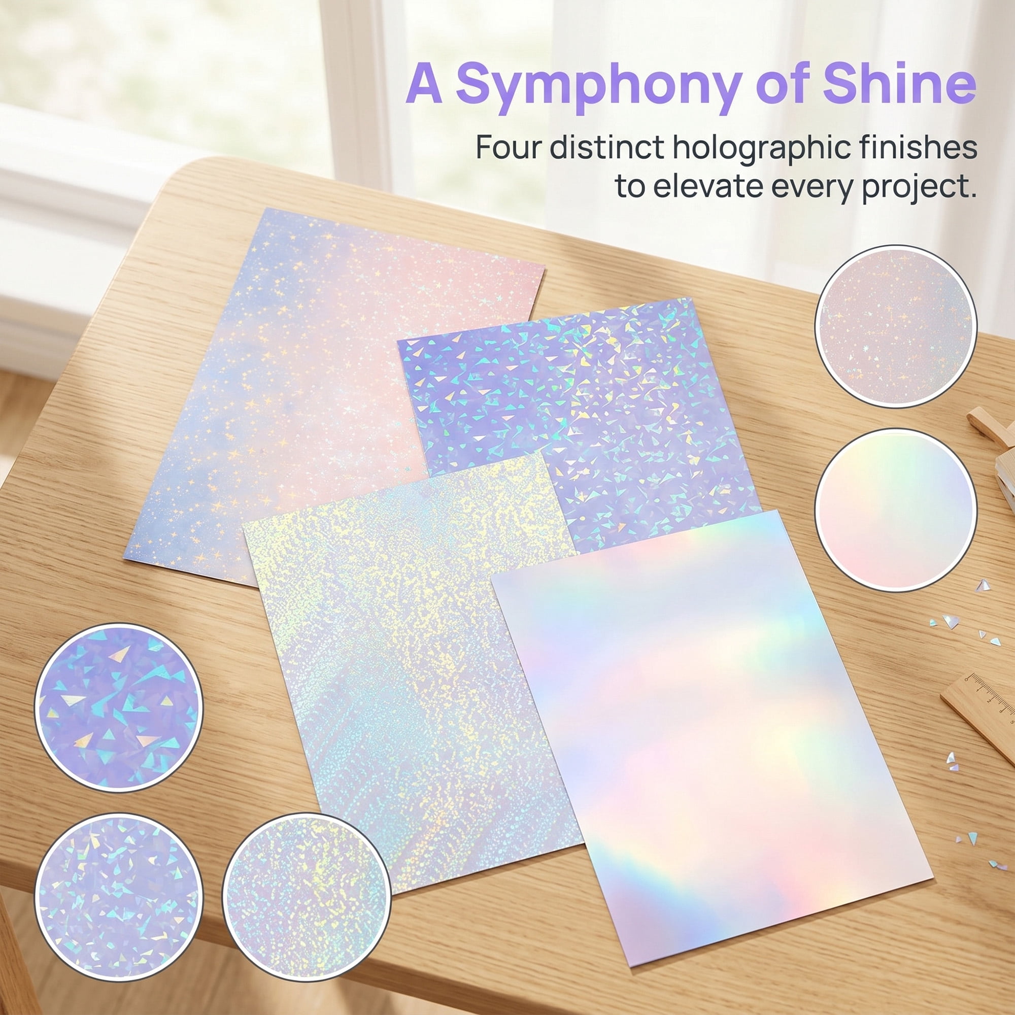 36 Pcs Holographic Laminate Sheets, Holographic Sticker Paper A4, 4 Patterns Star Dot Glass Crushed Clear