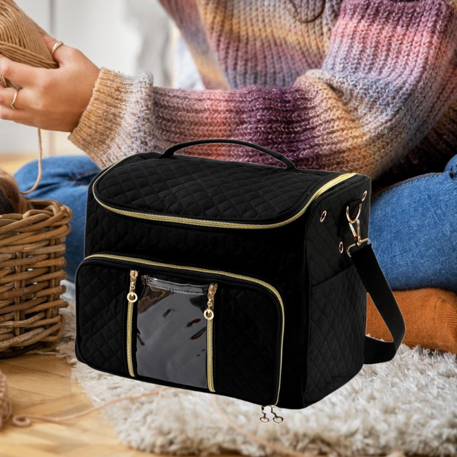 S SERENABLE Home Yarn Storage Bag Knitting Tool Holder Crochet Tool Storage Bag Crossbody Crochet Organizer with Hole with Multi Pockets Black