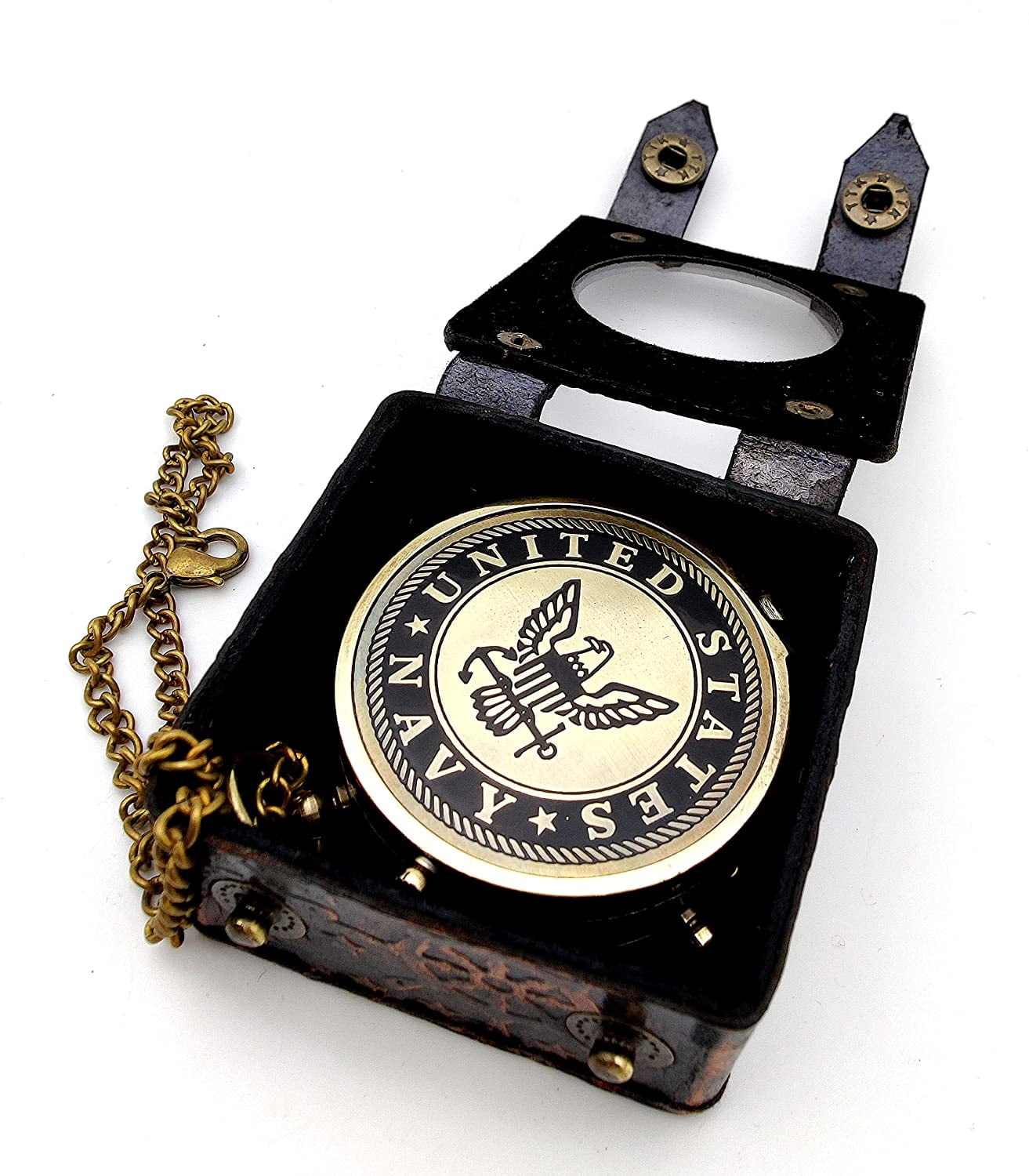 5MOONSUN5's US Navy Engraved Brass Military Compass Nautical Marine Gift A Perfect and Unique Gift for Army Person Survival Navigation Compass for Hiking Camping Hunting with Leather Display Case