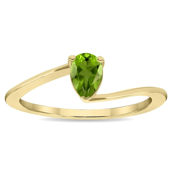 SZUL Women's Solitaire Pear Shaped Peridot Wave Ring in 10K Yellow Gold