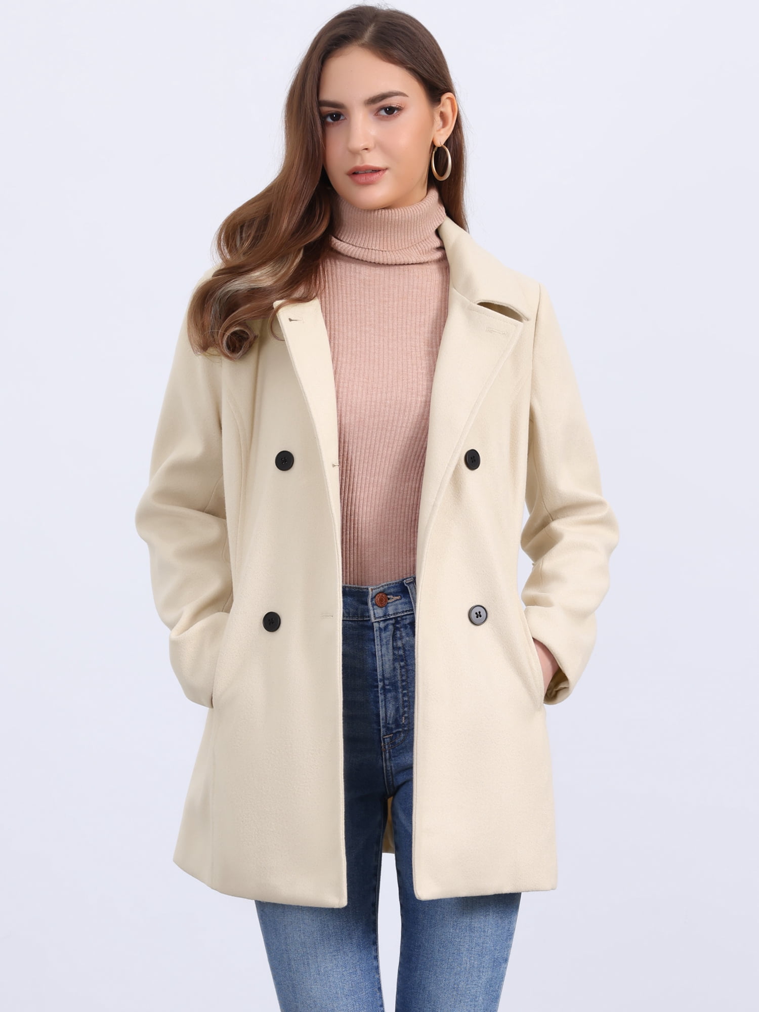 DARING DIVA Women's Double Breasted Long Sleeves Button Down Winter Peacoat L Beige
