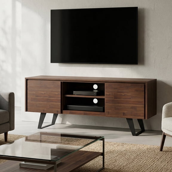 Simpli Home Lowry 63 inch Wide Solid Wood TV Stand in Distressed Charcoal Brown For TVs up to 70 inches