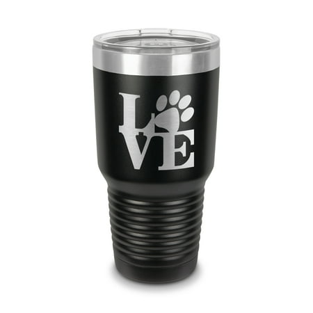 

Love Paw Print with Heart Tumbler 30 oz - Laser Engraved w/ Clear Lid - Stainless Steel - Vacuum Insulated - Double Walled - Travel Mug - animals pets dogs cats - Black