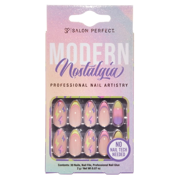 Salon Perfect Artificial Press on Nails, 211 Modern Nostalgia Neon Lightning, Medium Almond Glue On Fake Nails, File & Nail Glue Included, 30 Nails