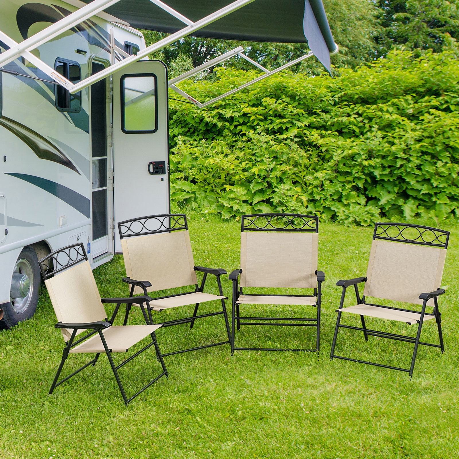Gymax 4 Pack Patio Folding Chairs w/ Backrests & Armrests Metal Frame Outdoor Beige