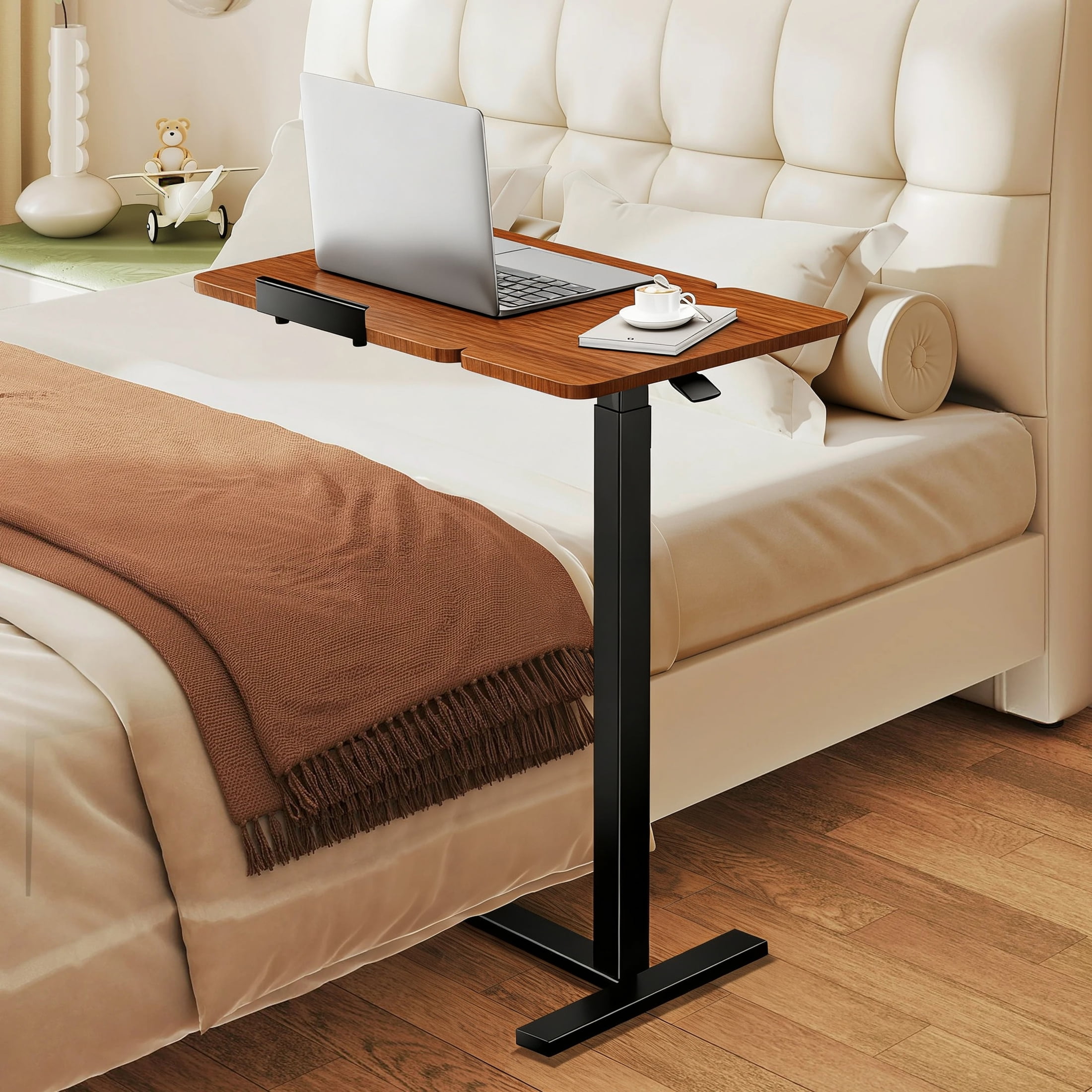 ZUNMOS Overbed Bedside Lap Desk with Wheels and Tilt Top, Mobile Standing Lap Desk Pneumatic Adjustable Height for Home Office Bedroom Sofa, Brown
