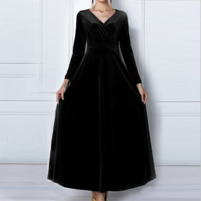 Ever Pretty Formal Dresses Ladies Elegant Long Sleeve V Neck Gold Velvet  Long Dress Evening Dresses for Women Black M - Walmart.com