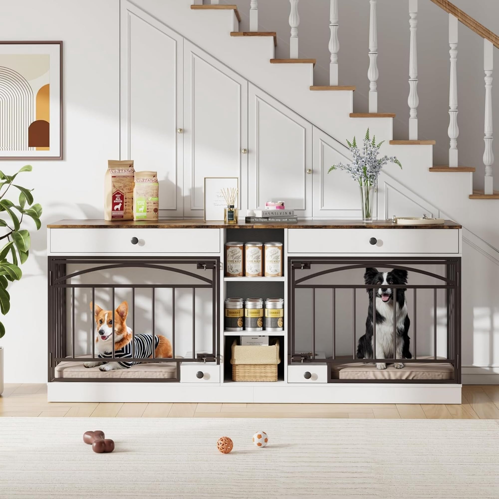 Accreate Dog Crate Furniture for 2 Dog, 78.7'' Large Dog Kennel Indoor with 2 Storage Drawers, 3 Shelves and Feeding Bowls, Double Dog Crate TV Stand for Small and Medium Dogs