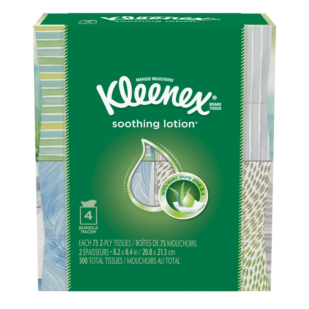 Kleenex Soothing Lotion Facial Tissues, 4 Cube Boxes (300 Total Tissues