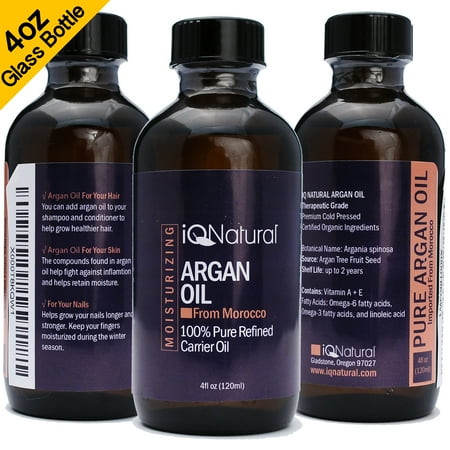 Skin Inc Pure Moroccan Argan Oil (4oz), Certified Organic, Virgin, 100% Pure, Cold Pressed by IQ Natural. Activate Growth for Dry and Damaged Hair. Skin Moisturizer. Nails Protector. ()