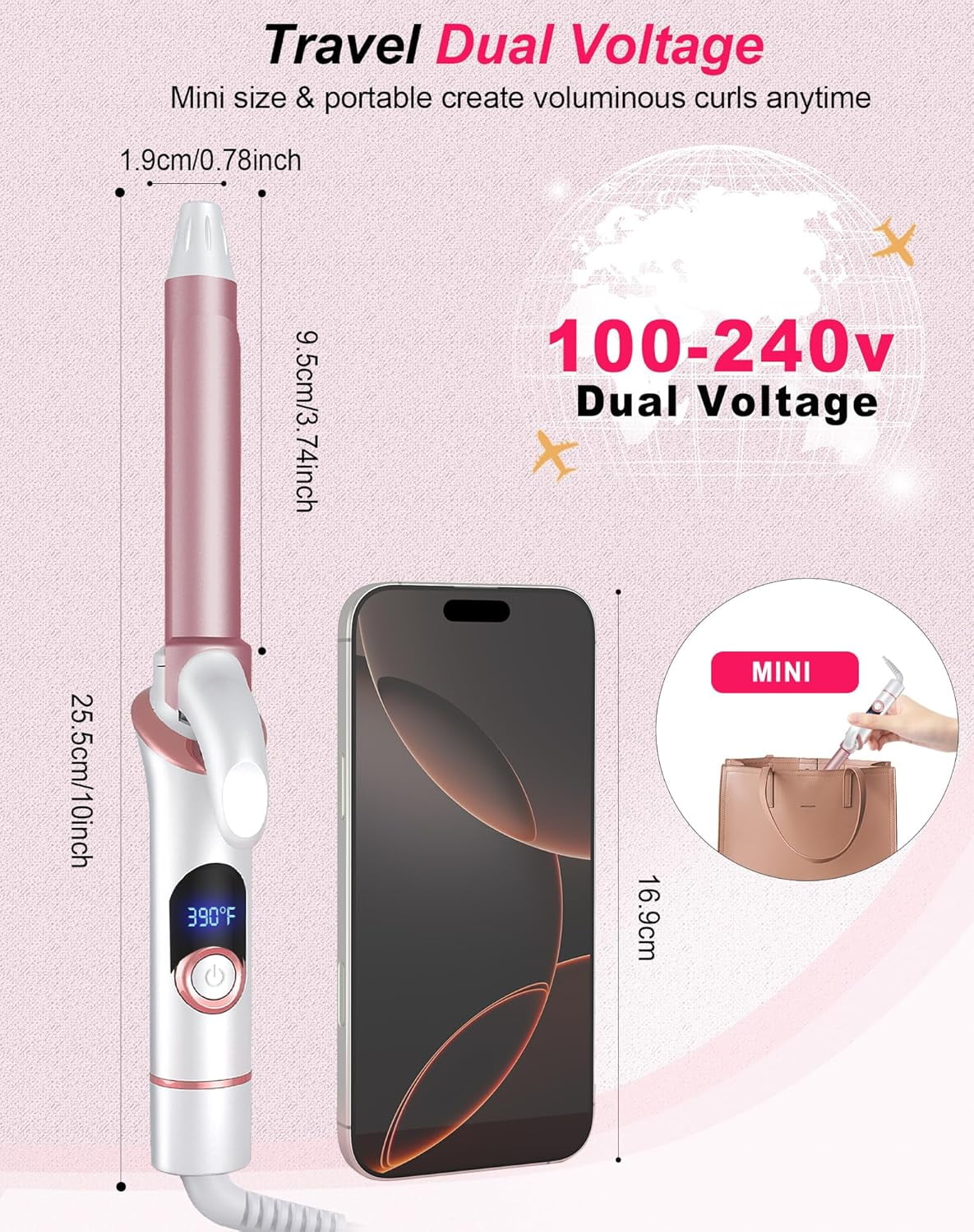 Mini Curling Iron for Short Hair - Small Travel Curling Iron with Dual Voltage, Ceramic Barrel, 5 Heat Settings, 60 Min Auto-Off, Portable Curling Wand for Versatile Styling (3/4 inch)