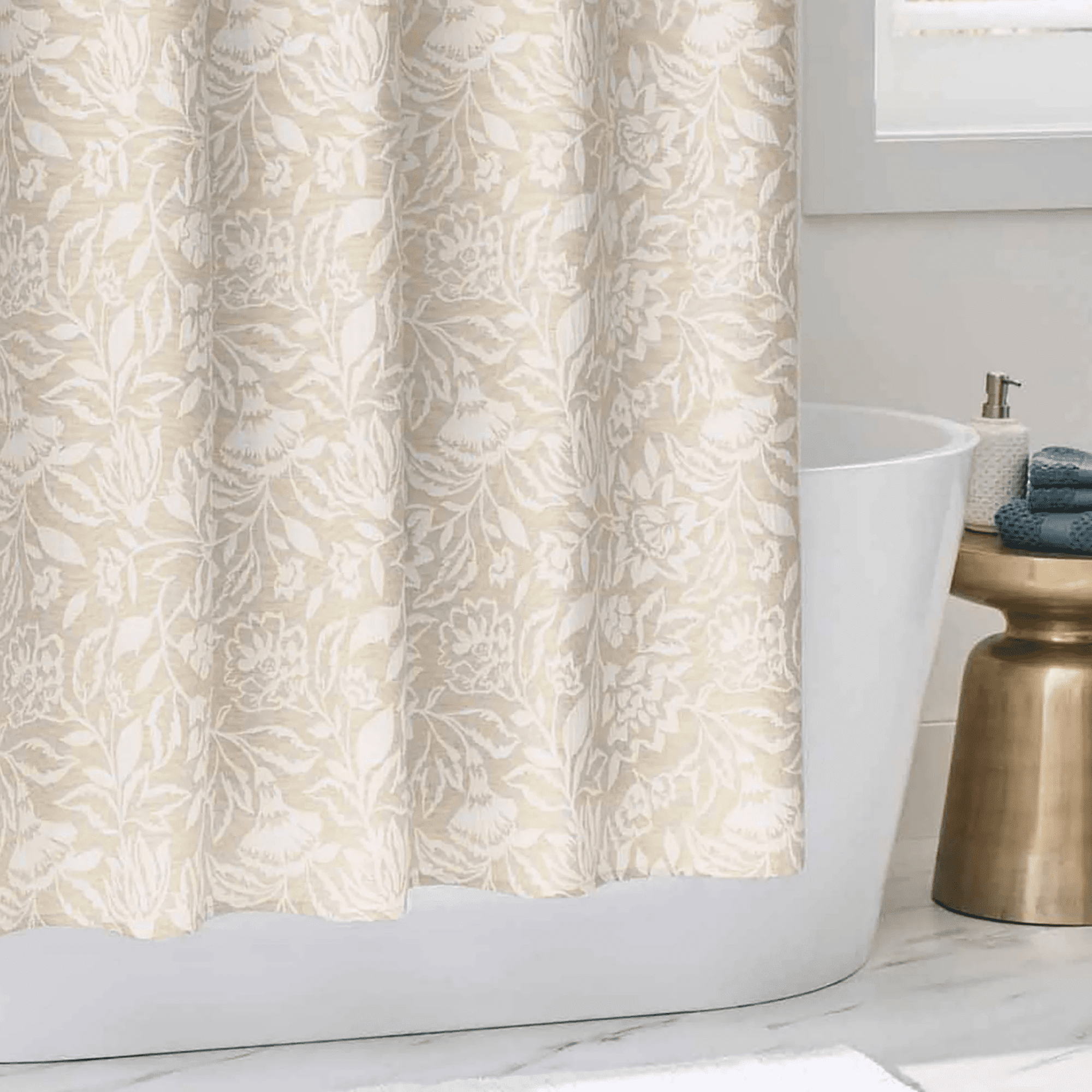 Beige Floral Matelasse Shower Curtain + Clear Heavy Weight Liner