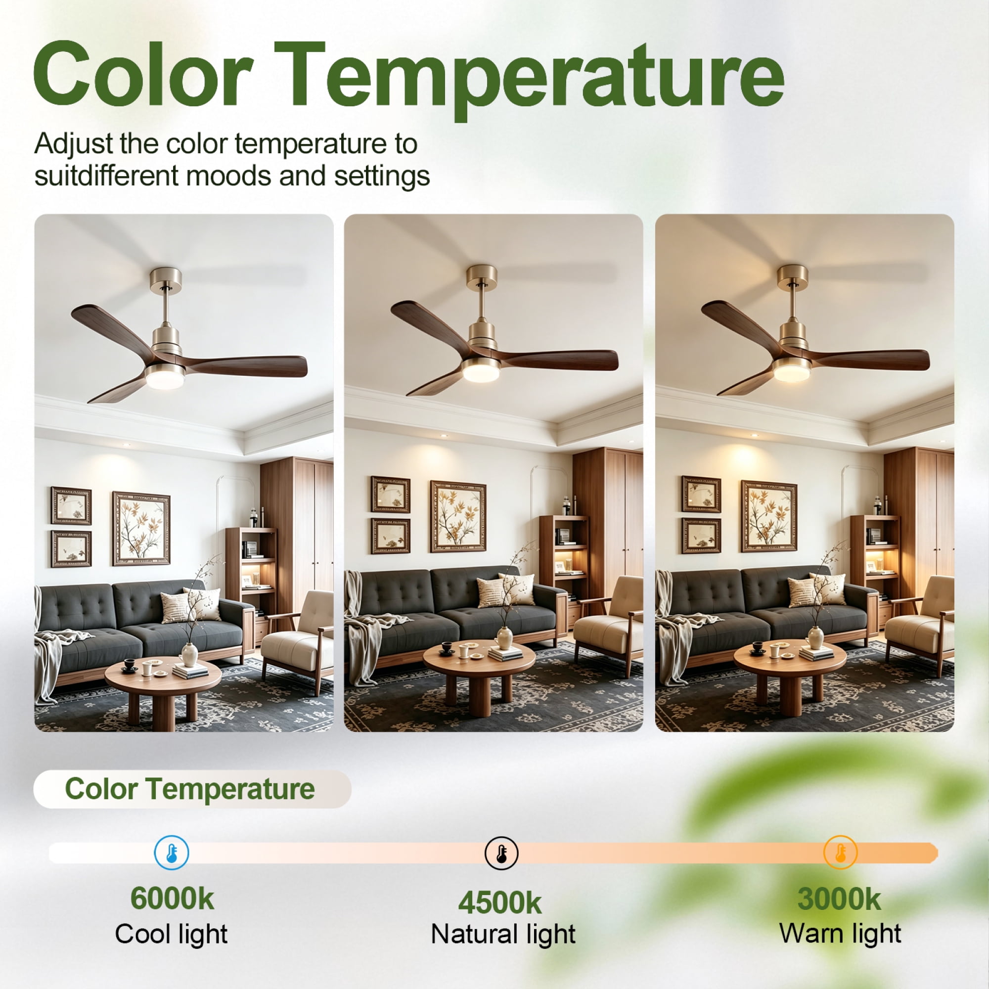 Leumius 52" Wooden Ceiling Fans with Lighted Remote Control, Indoor Outdoor Wooden Ceiling Fan, Outdoor Modern Ceiling Fan with 3 Fan Blades for Patio, Living Room Dining Room Brushed Nickel