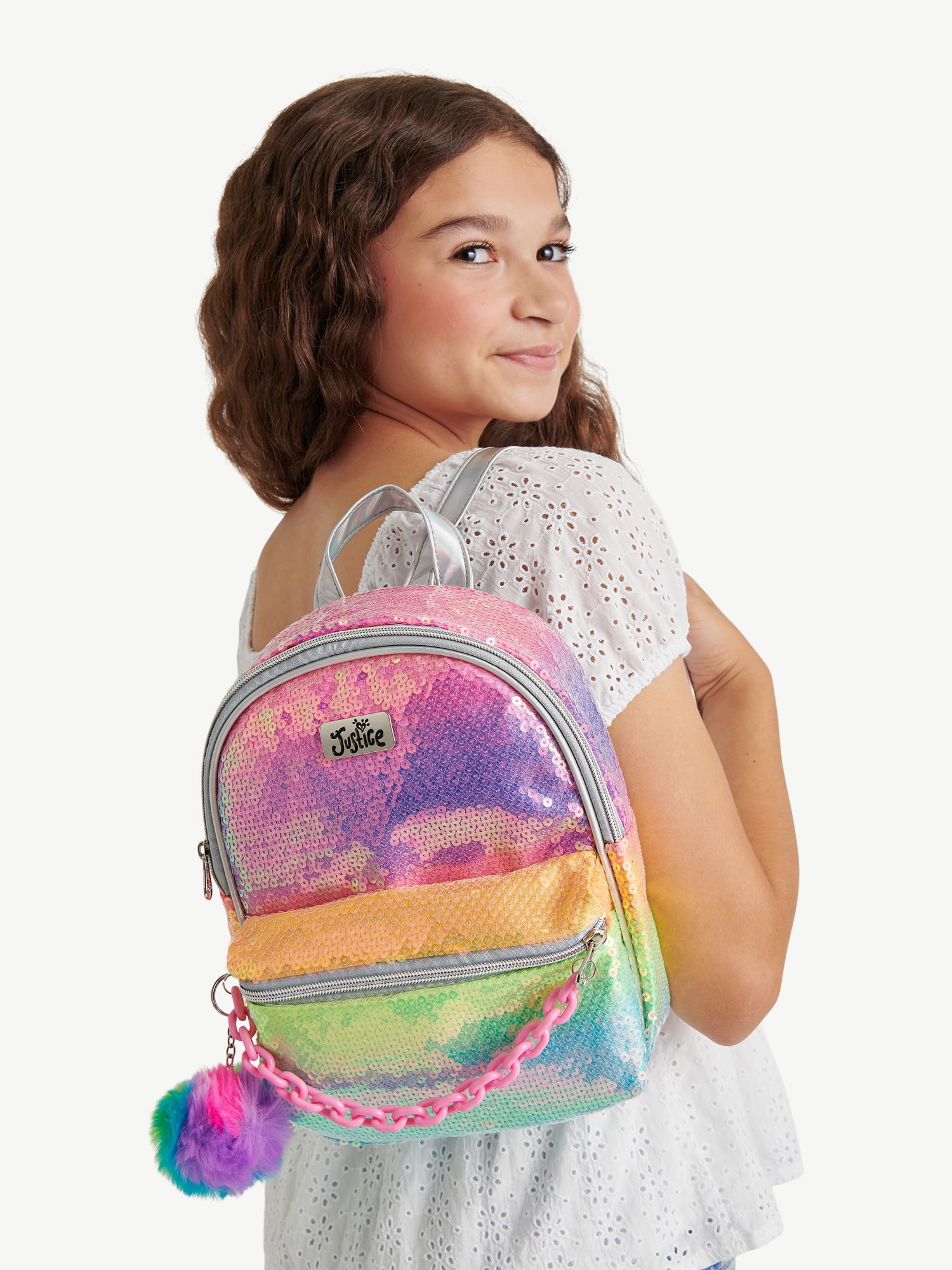 Justice Girls' Rainbow Sequin Mini Backpack with Chain Detail and
