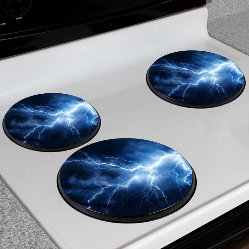 Bahomeck Gas Stove Burner Cover Set Of 4,Dramatic Night Sky With Dark Clouds And Blue Lightning Bolts Metal Electric Stove Burner Covers,Protecting Gas Stoves,Kitchen Decor，8 Inch And 10 Inch