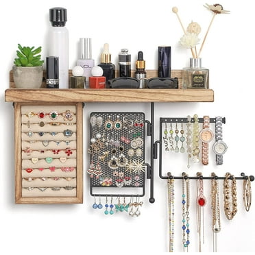 Hanging Jewelry Organizer Wall Mount with Rustic Wood Shelf, Ring Display Box, Ear Studs Earring Holder