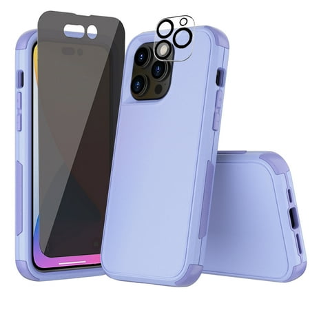 Xhy iPhone 14 Pro Max Case with Privacy Screen and Lens Protector Military Grade Full Body Protection 3 in 1 Shockproof TPU Durable Detachable for iPhone 14 Pro Max 6.7 inch 2022 Phone - Light Purple