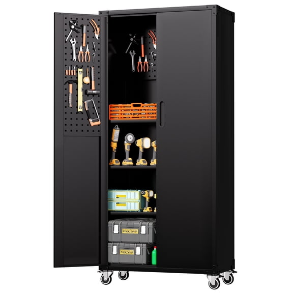 SYNYLIIFE Metal Storage Cabinet with Wheels, 71" Tool Cabinets with 4 Adjustable Shelves for Garage, Tool Room, Tall Rolling Garage Storage Cabinet with Lock, Deep Heavy Duty Tool Storage Cabinet