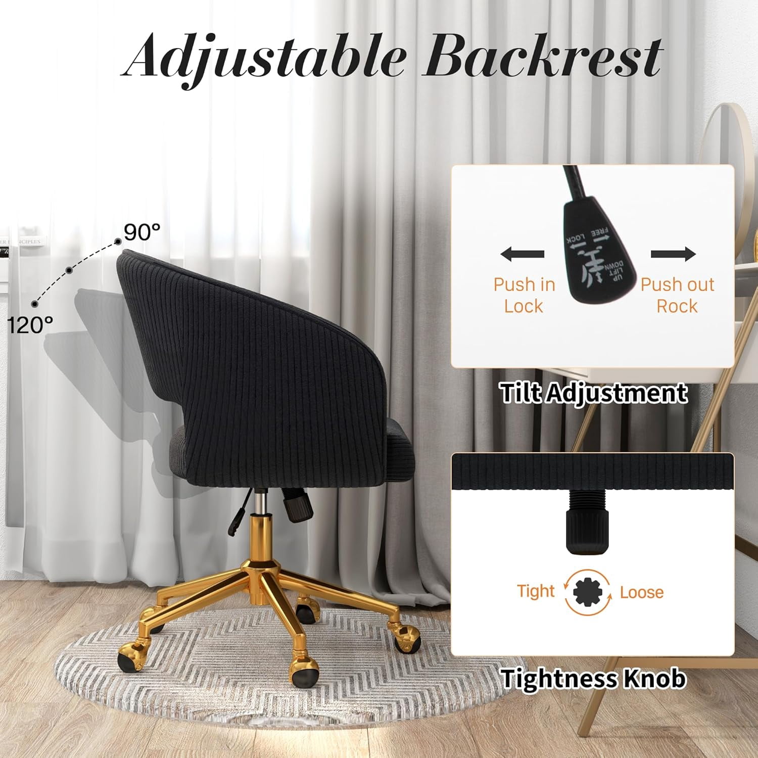 Home Office Swivel Desk Chair, Modern Corduroy Desk Chair, Height Adjustable Armchair with Gold Base, Ergonomic Office Chair for Living Room Vanity Study Computer Room, Black