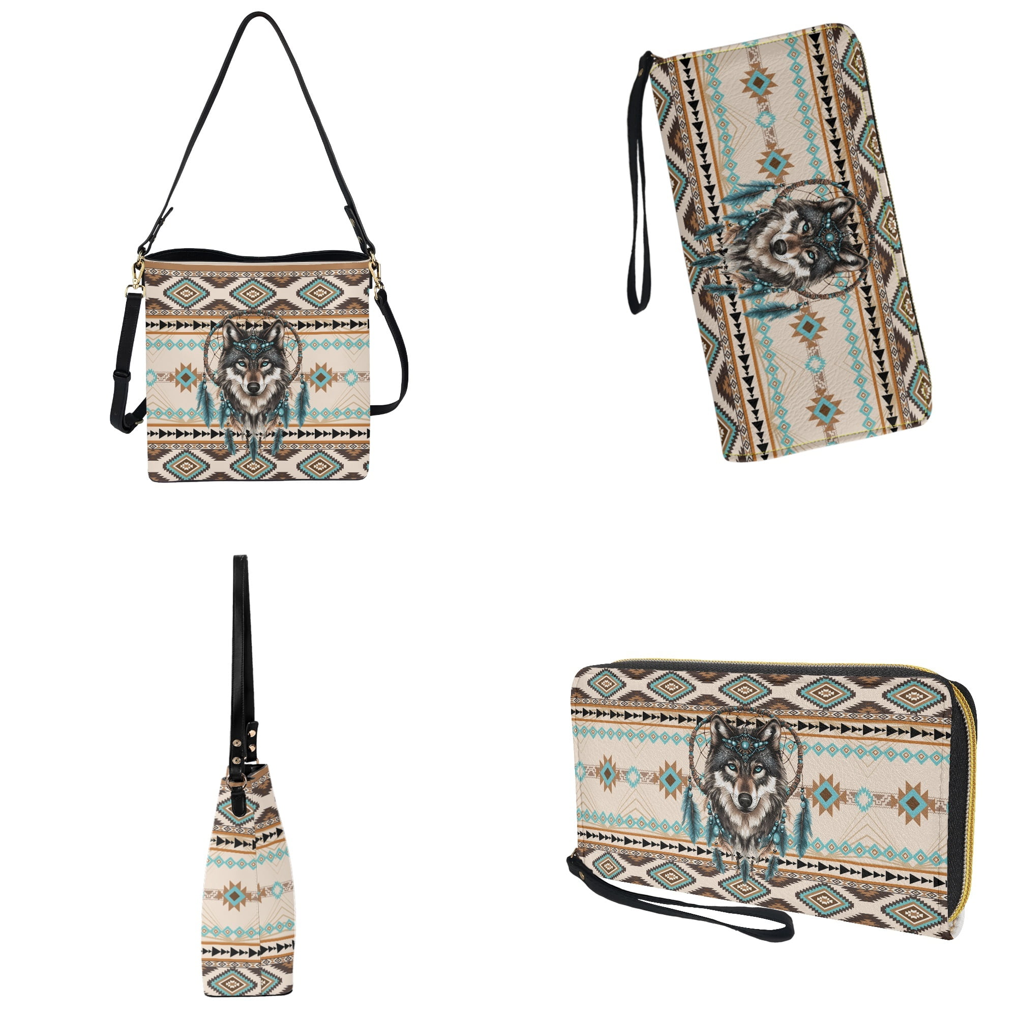 ZUXONGSY Aztec Wolf Dreamcatcher Print Crossbody Handbag with Leather Wallet for Women Casual Leather Crossbody Handbag with Wrist Wallet Trendy 2 Pcs Bucket Purse Set for Workout
