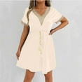 thumbnail image 7 of Efsteb Womens A line V Neck Dress with Pockets Solid Color Short Sleeve Waist Retraction Dress (Beige,L), 7 of 7