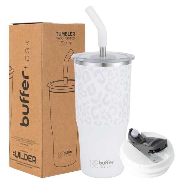 Vaso Térmico Buffer Flask Leopardo Blanco 700 ml Acero Inoxidable Tapa Anti Derrame para Bebidas Frí
