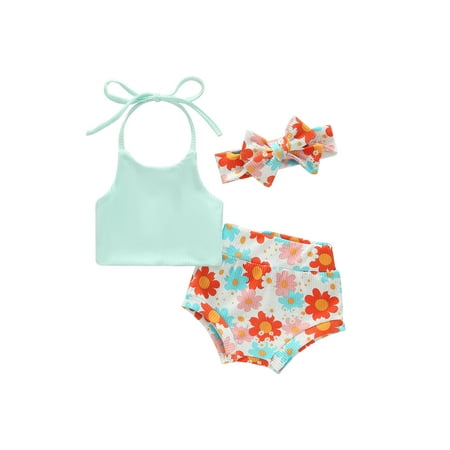

Wassery Baby Girls Summer Outfit Bandage Halter Sleeveless Tops Striped Floral Shorts Headband 0 6 12 18 24 Months Infant 3Pcs Clothes Set