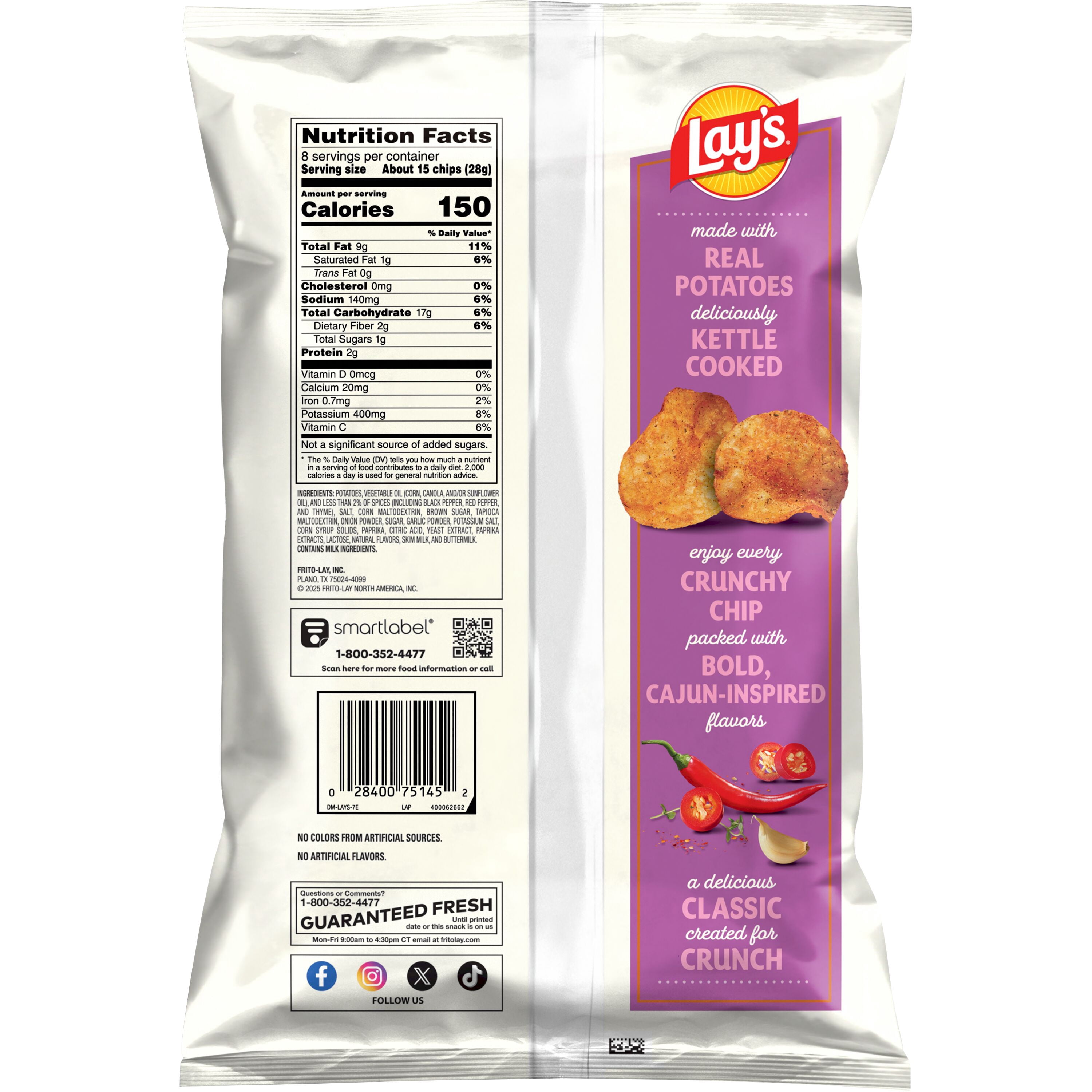 (3 pack) Lay’s Cajun Spice Kettle Cooked Potato Chips Bag, 8 oz