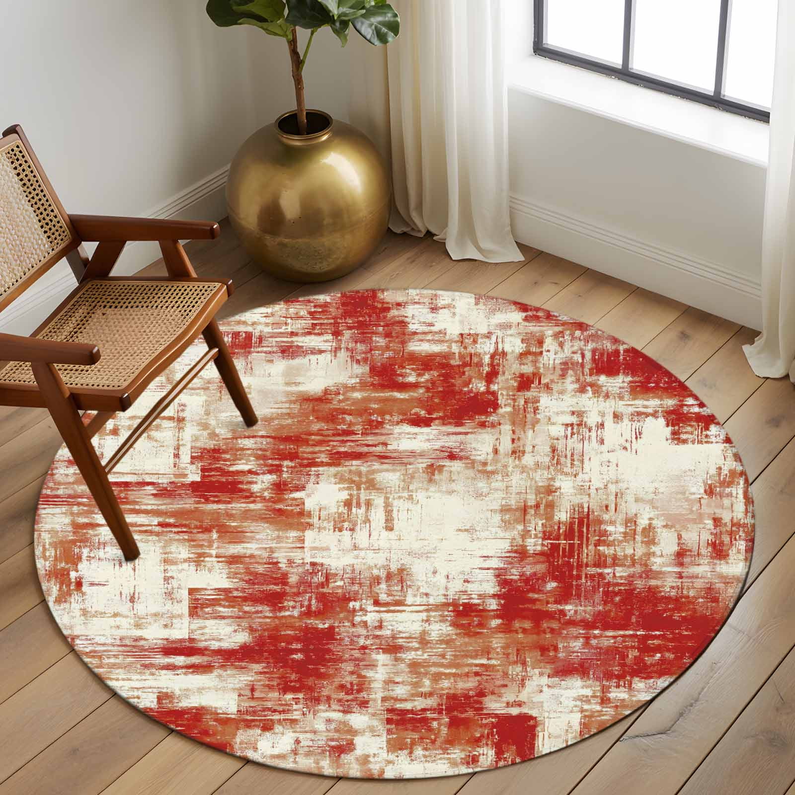 Round Area Rug 8 Ft, Red Ombre Washable Non-Slip Circle Carpet for Living Room/Bedroom, Gradient Abstract Art Vintage Collection Low-Profile Large Area Rugs for Indoor