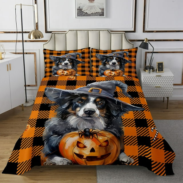 Erosebridal Ensembles de Courtepointe pour Lit Simple à Motif de Chien Animal, Ensembles de Couvre-Lit à Carreaux d'Halloween Taille Simple, Courtepointe Réversible Gothique à Citrouilles, Déco de Chambre Ultra Douce, 2 Pcs