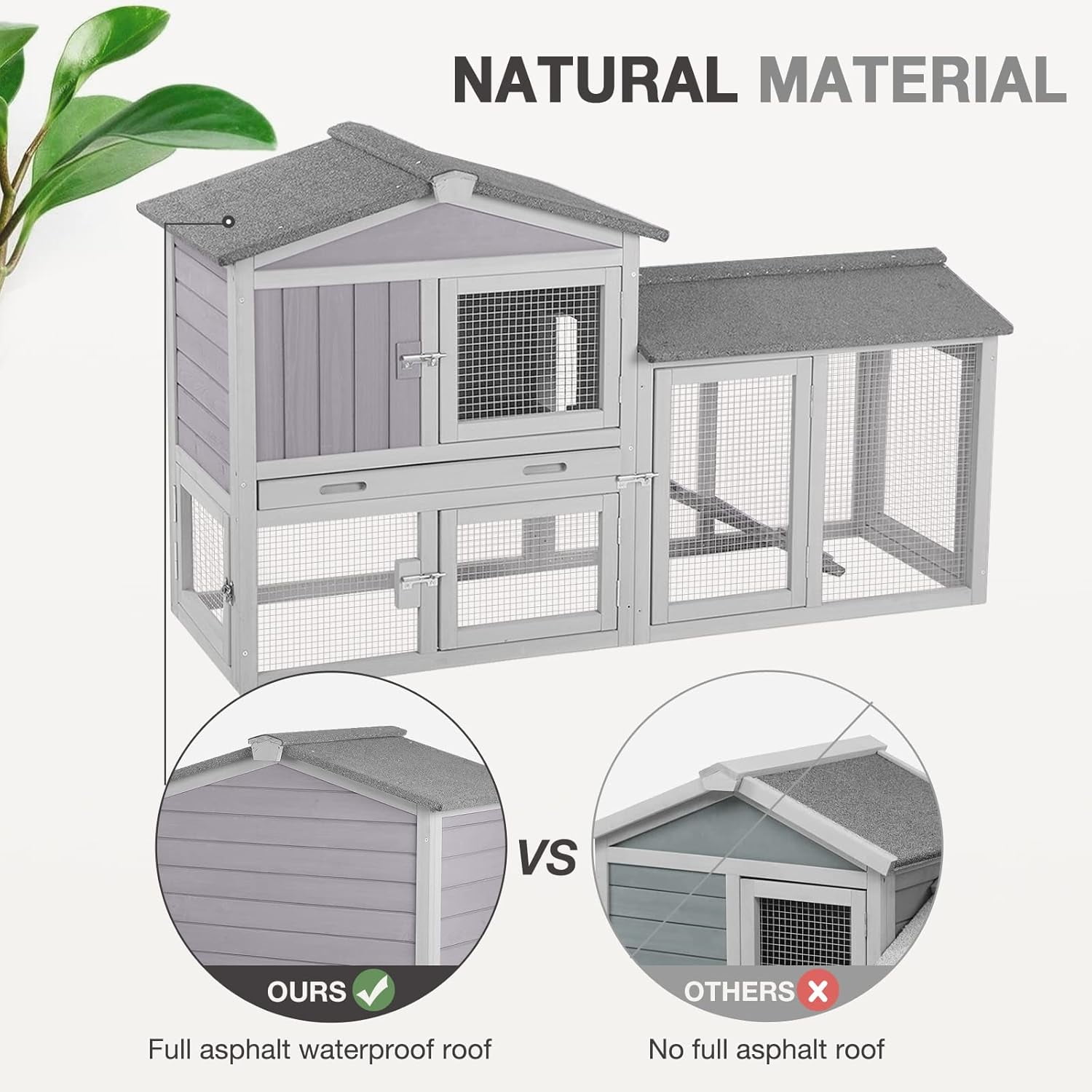 Aivituvin Chicken Coop Hen House with Run Outdoor Rabbit Cage Indoor Bunny Hutch with Waterproof Roof Poultry Cage,Rabbit Hutch with No Leakage Pull Out Tray Gray