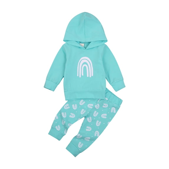 Kids Baby Fashion 2-piece Outfit Set Long Sleeve Rainbow Print Hoodie+Pants Set for Children