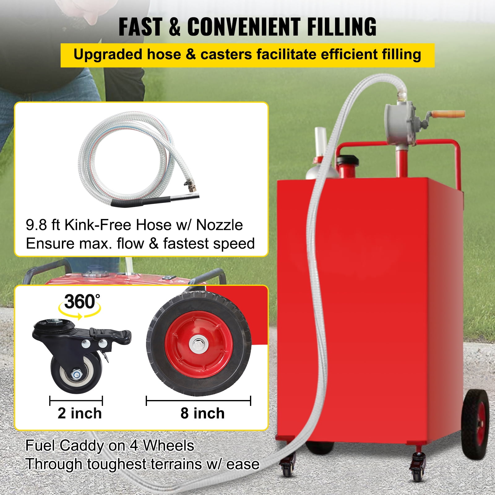 SKYSHALO with Manuel Transfer Pump, 35 Gallon Gas Caddy, Fuel Storage Tank with 4 Wheels, Portable Fuel Caddy Gasoline Diesel Fuel Container for ATVs, Boats