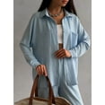 thumbnail image 4 of 2 Piece Outfits for Women Casual Lounge Sets Long Sleeve Button Down Shirts and Wide Leg Pants Sets Light Blue L, 4 of 8