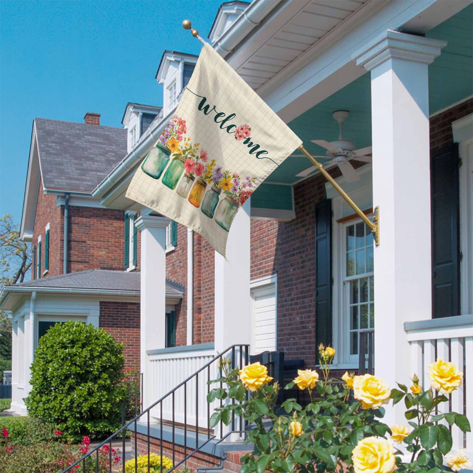 Welcome House Flag 28 x 40 Inches, Wildflowers Vintage Mason Jars Farmhouse Weather Proof Outdoor Patio Flags Double Sided Small House Decoration for Yard Lawn Outside Home