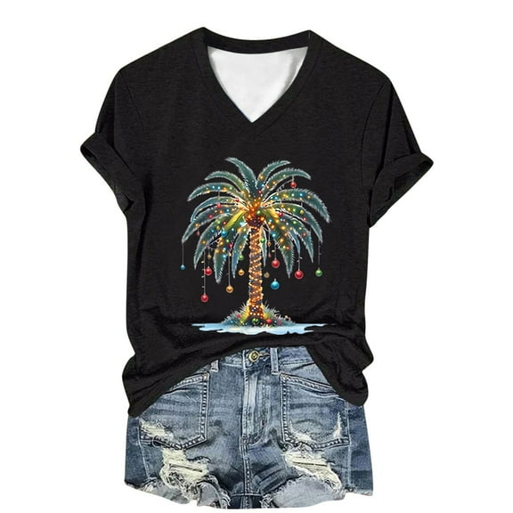 Womens Fall Christmas Tops Casual Fashion Tree Printed V Neck Short Sleeve Pullover Xmas Fistival Tops