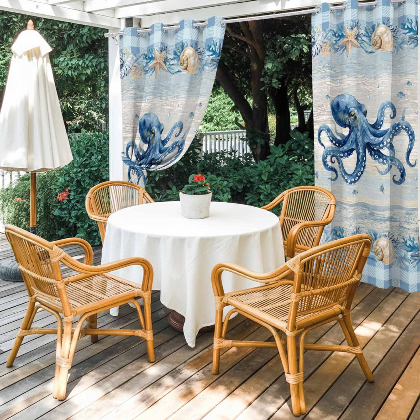 Blue Octopus Coastal Outdoor Curtains for Patio, Summer Starfish Beach Coral Shell Vintage Sunshade Privacy Drapes Grommet Waterproof Outside Curtains for Porch/Cabana/Balcony 54"x 108", 1 Panel