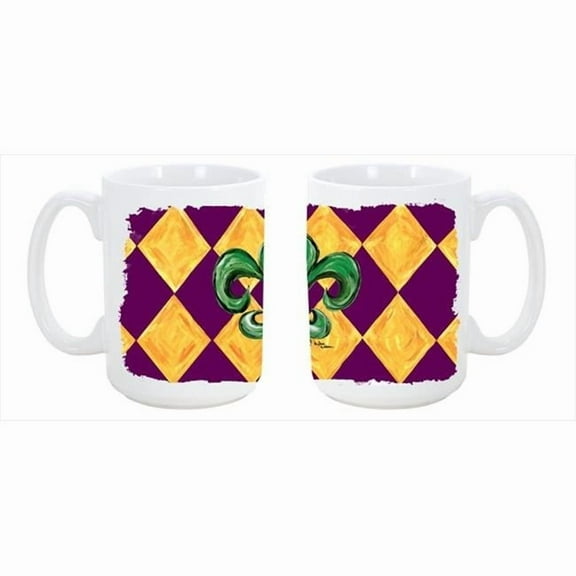 Mardi Gras Fleur de lis Purple Green and Gold Dishwasher Safe Microwavable Ceramic Coffee Mug 15 oz.