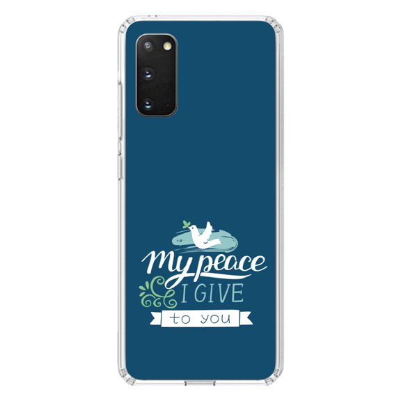 DistinctInk Clear Shockproof Hybrid Case for Galaxy S20 / S20 5G (6.2" Screen) - TPU Bumper, Acrylic Back, Tempered Glass Screen Protector - My Peace I Give To You - Dove