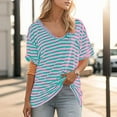 thumbnail image 2 of Otvok Women Oversized T-Shirt Striped Short Sleeve V Neck Tee Shirt Casual Loose Drop Shoulder Summer Going Out Top, 2 of 6
