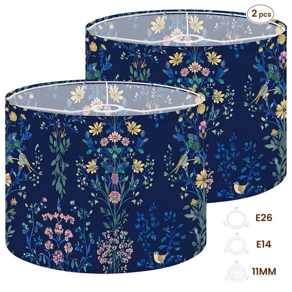 2pcs Set Drum Lampshades (13"x 13"x 10"), Floral Bird Vibrant Yellow Pink Blue Flowers Dark Fabric Large Replacement Shades for Table, Floor, and Pendant Lamps, Simple Assembly Needed.