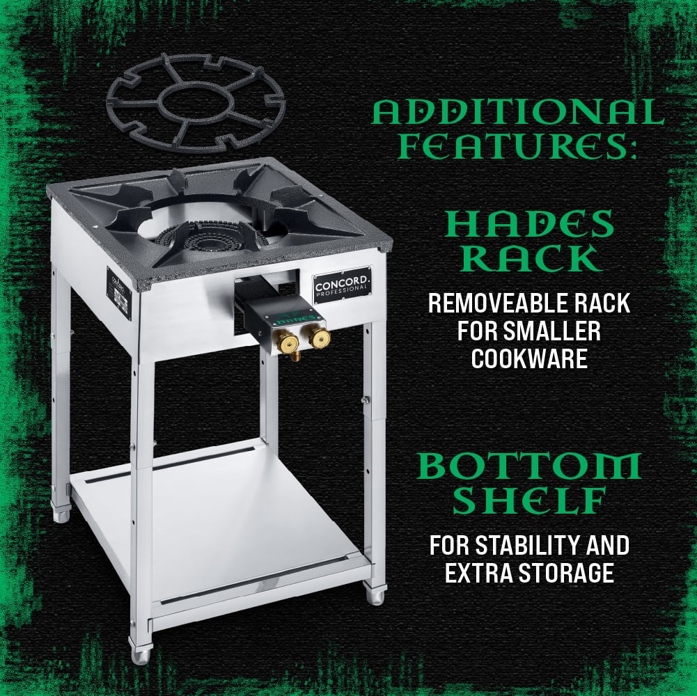 Concord Professional HADES Stainless Steel Commercial Stove. Dual-Controlled Burner Head with Solid Cast Iron Range Top.