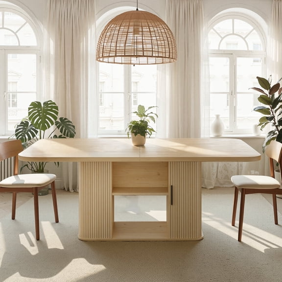 SUNCOZE 70in Dining Table for 4-8, Dining Leisure Table with Storage Shelves, 1.38" Thick Top, Scratch-Resistant, Natural Wood Finish, Multi-Use for Dining Room Kitchen Office, Wood Finish