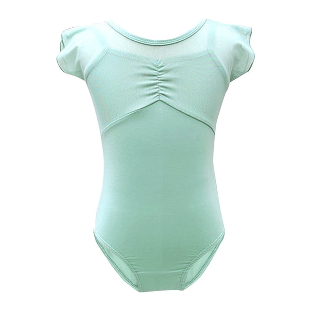 Dance Suit for Girls, Short Sleeve Round Neck Mesh Practice Jumpsuit in Solid Color, Breathable Polyester-Spandex Blend, Lightweight for Ballet Training and Daily Wear