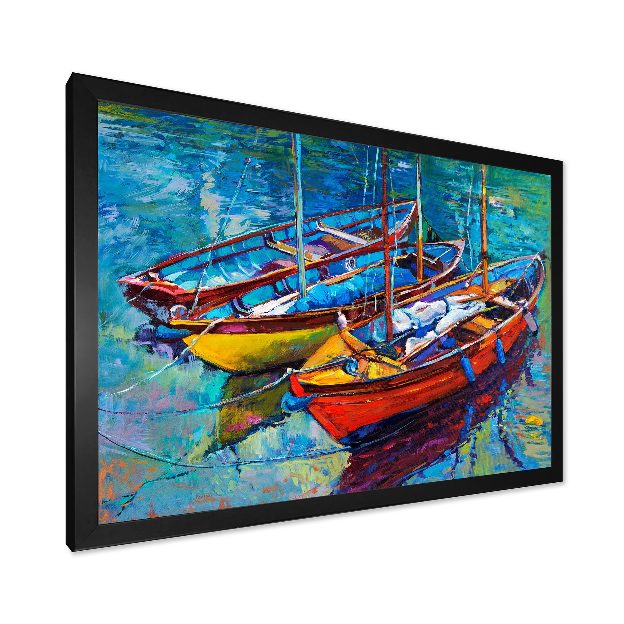 Designart 'Three Colorful Boats In The Harbor' Nautical & Coastal Framed Art Print