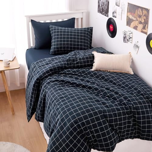 - Grid Cotton Duvet Cover Set, Plaid Checkered Geometric Farmhouse, 100% Washed Cotton Textured Percale Bedding Set, 3 Pieces, Navy Blue, Twin Size