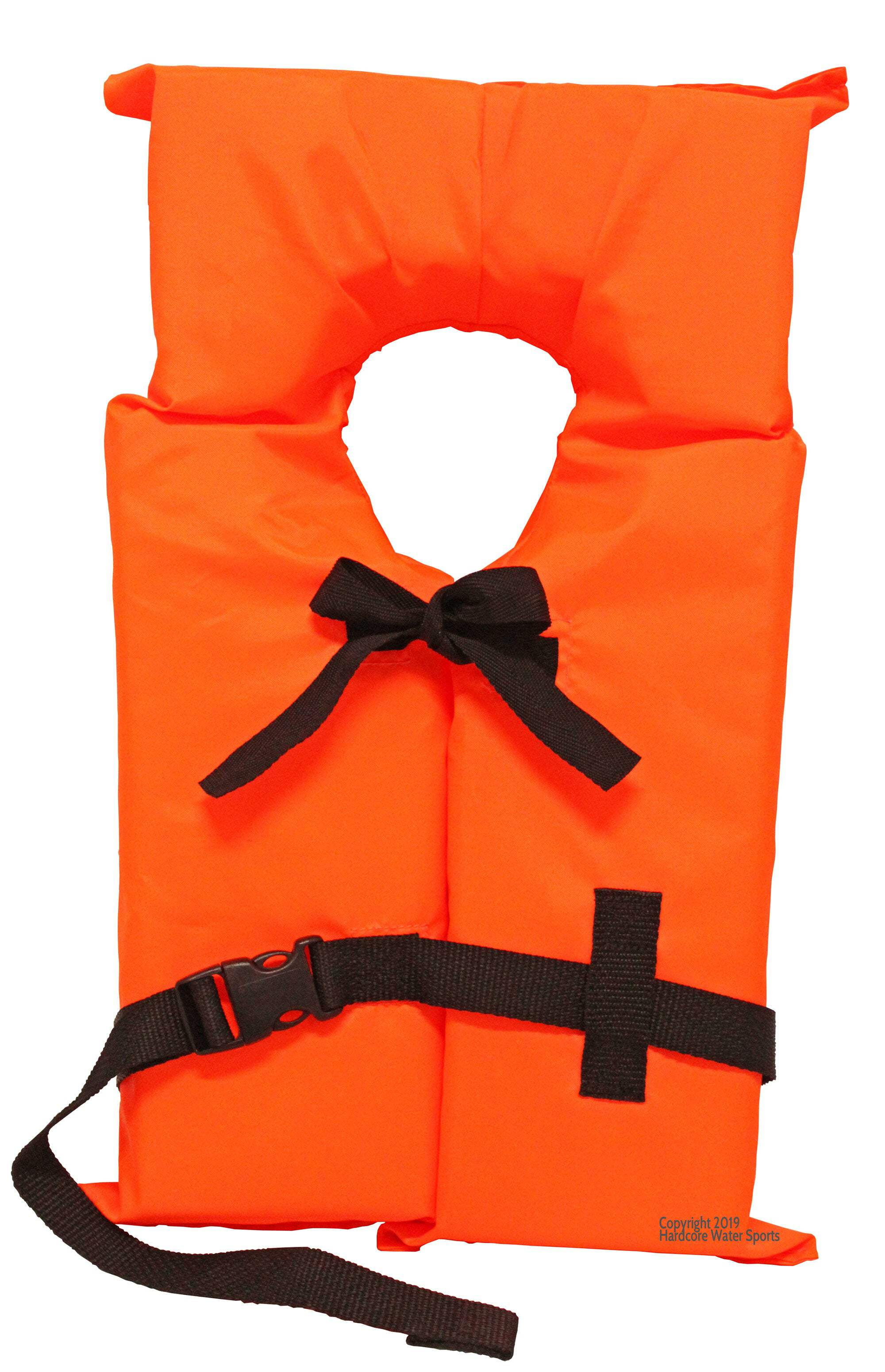 Hardcore Water Sports Hardcore Coast Guard approved life jackets for adults.  High visibility neon orange color type II keyhole life vest in classic May West style. Compliance life vests and flotation